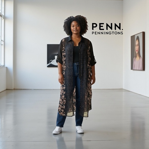 Penningtons, Plus Size Long Sheer Floral Tunic, 2X, Black, Navy, White, Peach - Picture 1 of 10